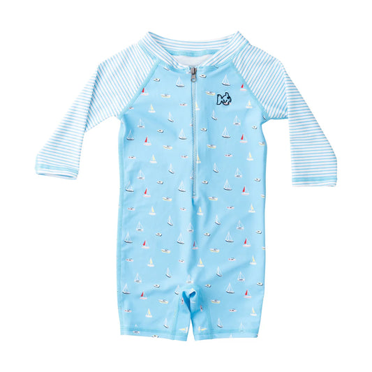 Baby one piece swimsuit with sailboat pattern and striped sleeves on a white background