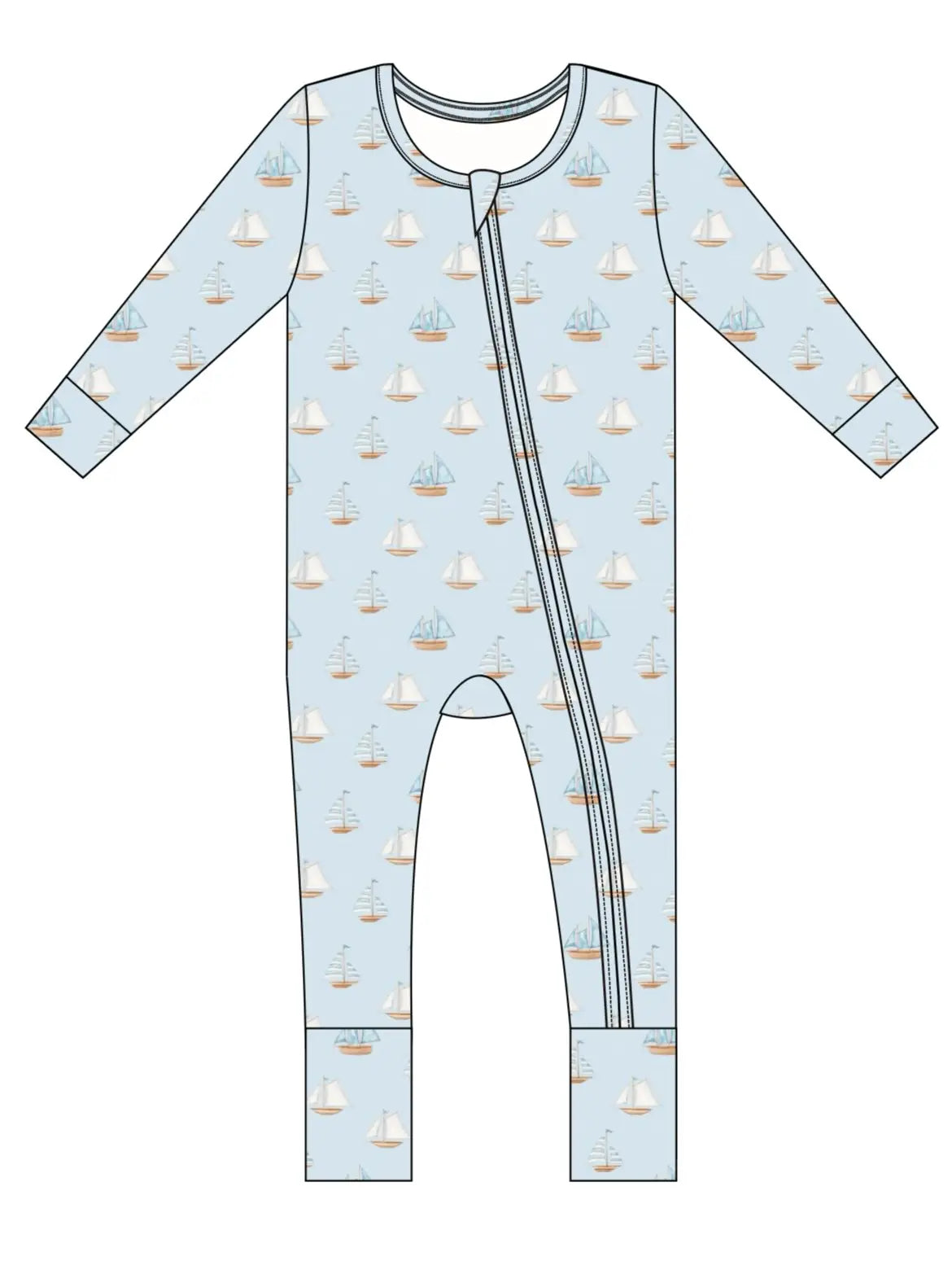Baby bamboo convertible pajama with sailboat pattern on a light blue background