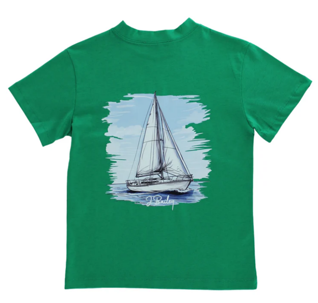 Green t-shirt with a sailboat graphic
