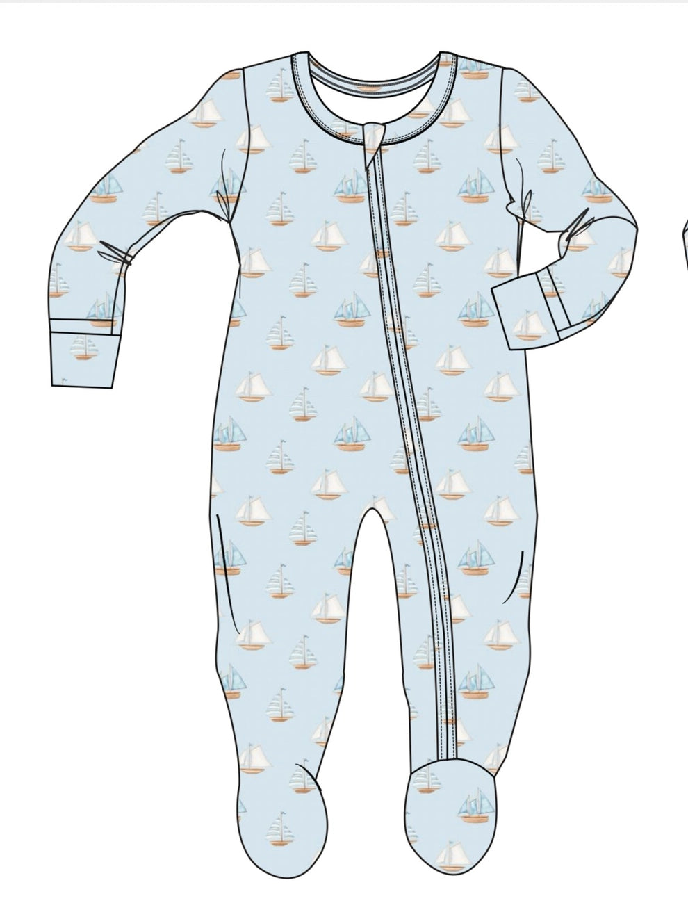 Baby bamboo onesie with sailboat pattern on a light blue background