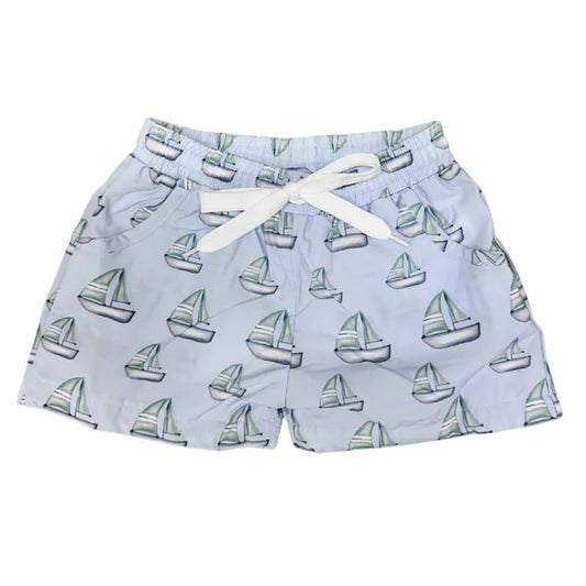Light blue swim trunks with a sailboat pattern.