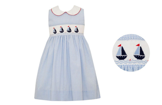 Sailboat Sleeveless Smocked Dress - Lt. Blue Gingham
