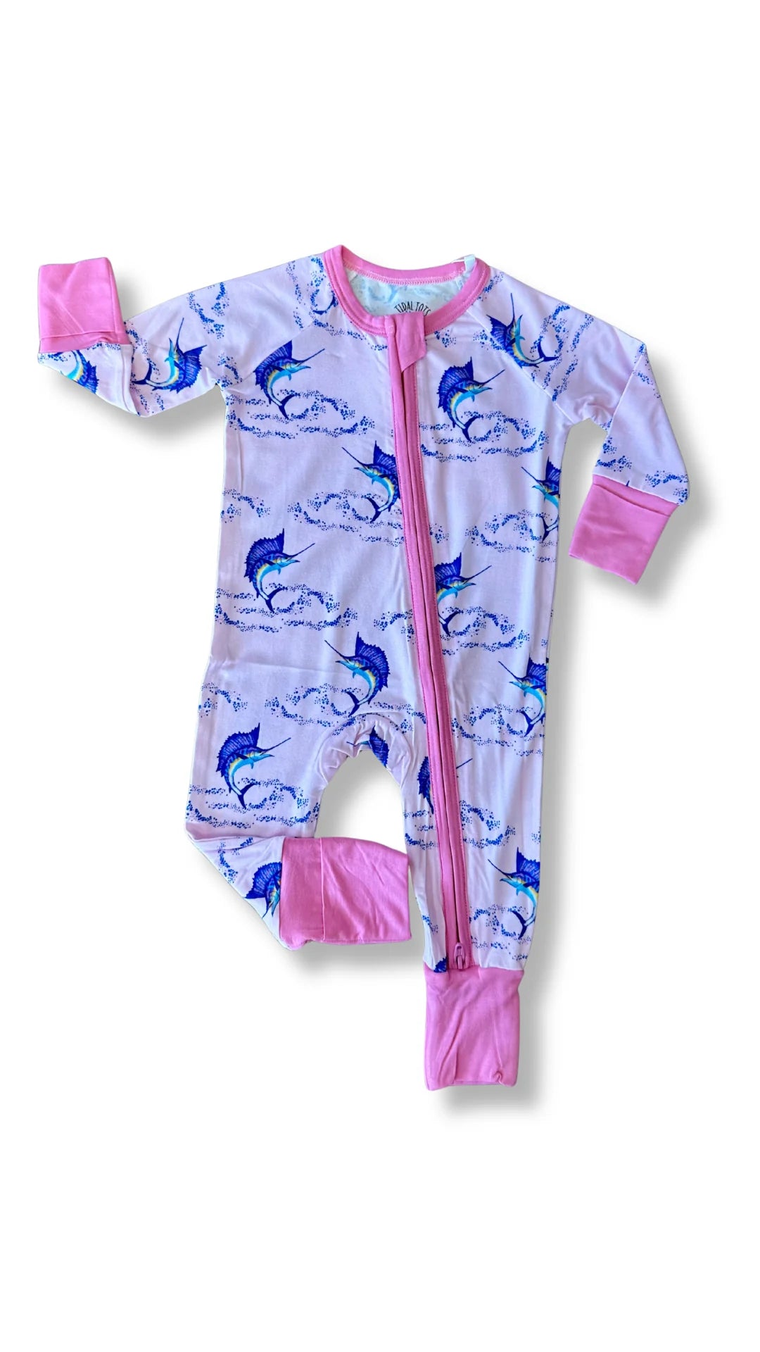 bamboo pajama zippy with light pink background with marlin design