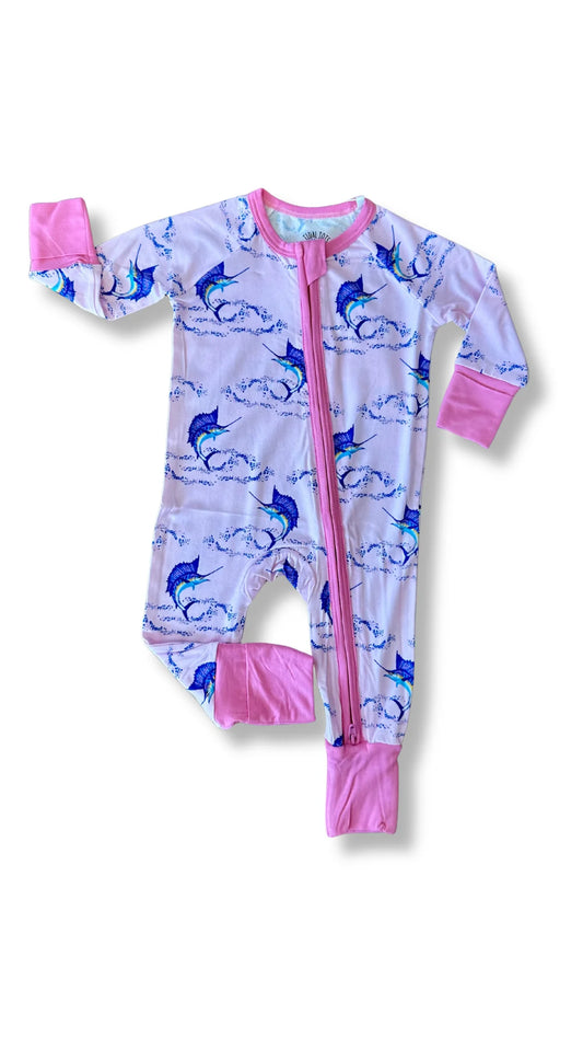 bamboo pajama zippy with light pink background with marlin design