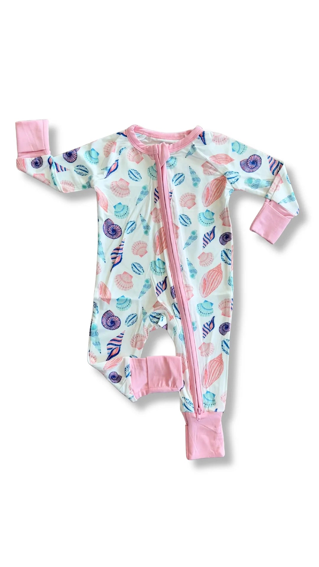 Baby onesie with colorful shell pattern on a white background