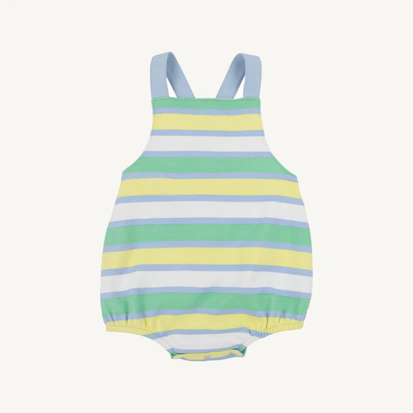 Striped baby romper with pastel colors on a white background