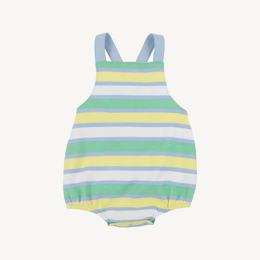 Striped baby romper with pastel colors on a white background
