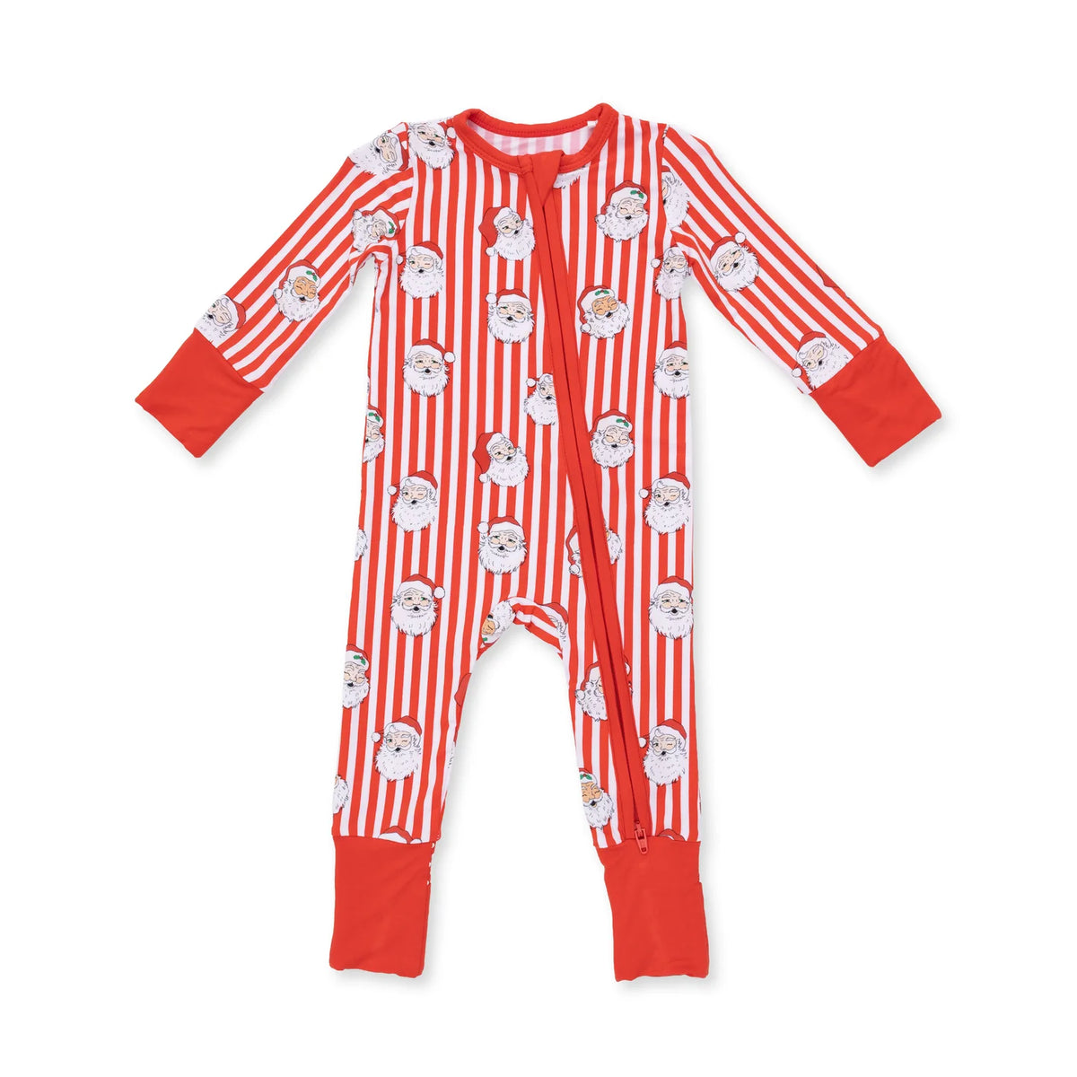 Bamboo convertible pajama zippy with foot and hand covers and two way zipper in red stripes with santa faces all over it 
