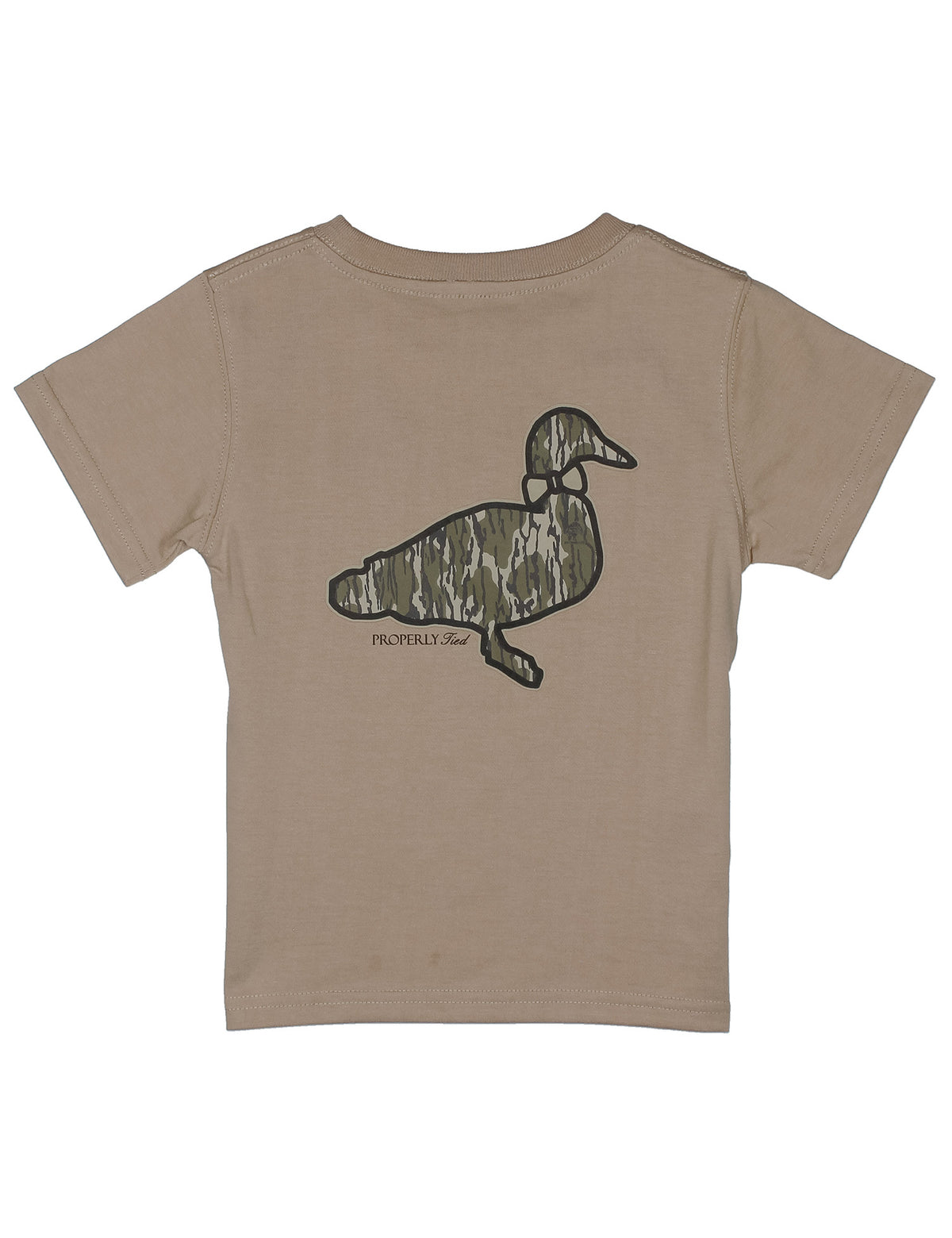 A kids' short-sleeve t-shirt in a warm tan or khaki color, shown from the back. The back features a large camouflage-patterned duck graphic with the brand name properly tied