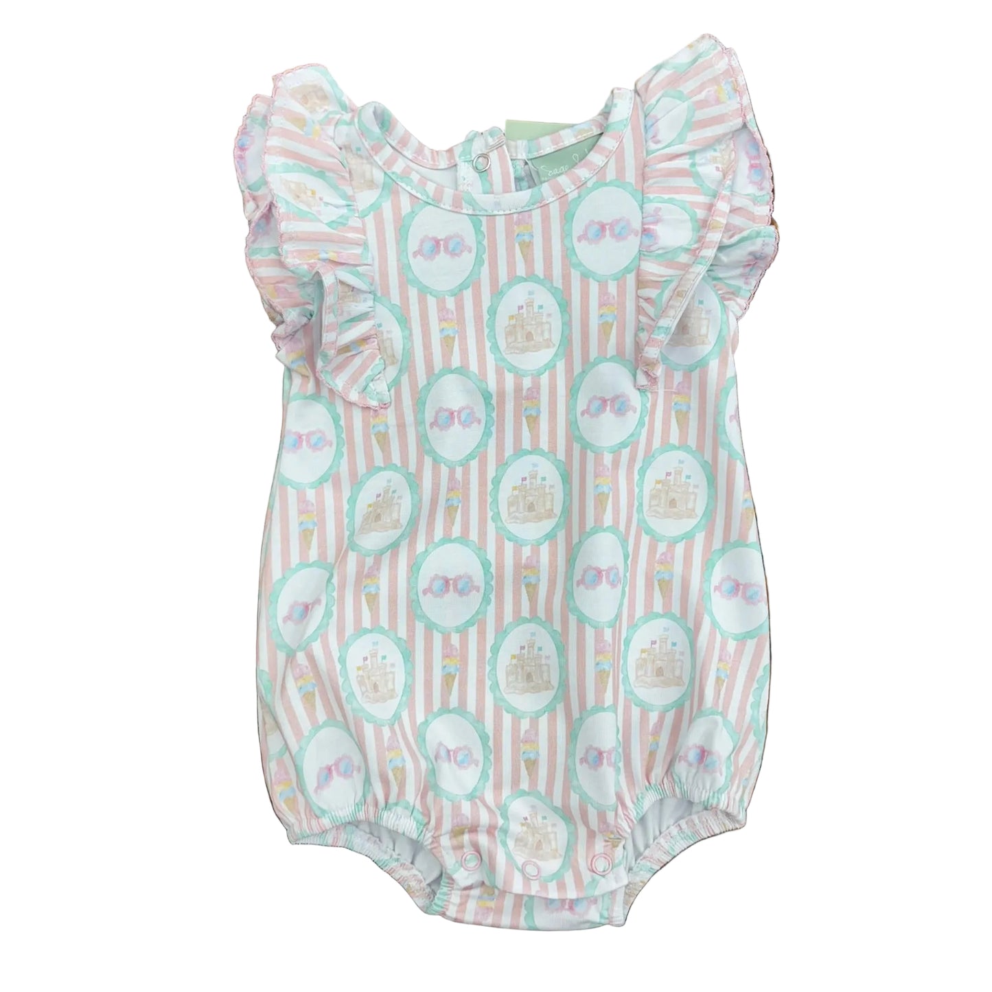 Pink striped bubble with beach design and flutter sleeves.