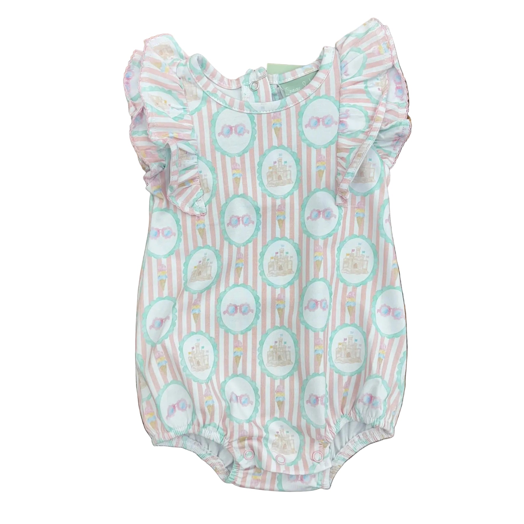 Pink striped bubble with beach design and flutter sleeves.
