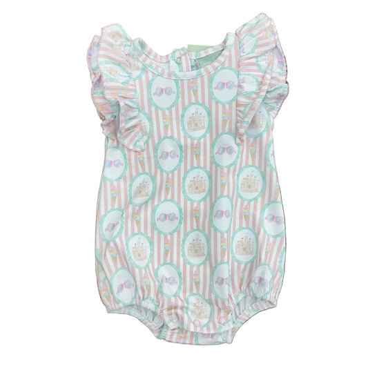 Pink striped bubble with beach design and flutter sleeves.