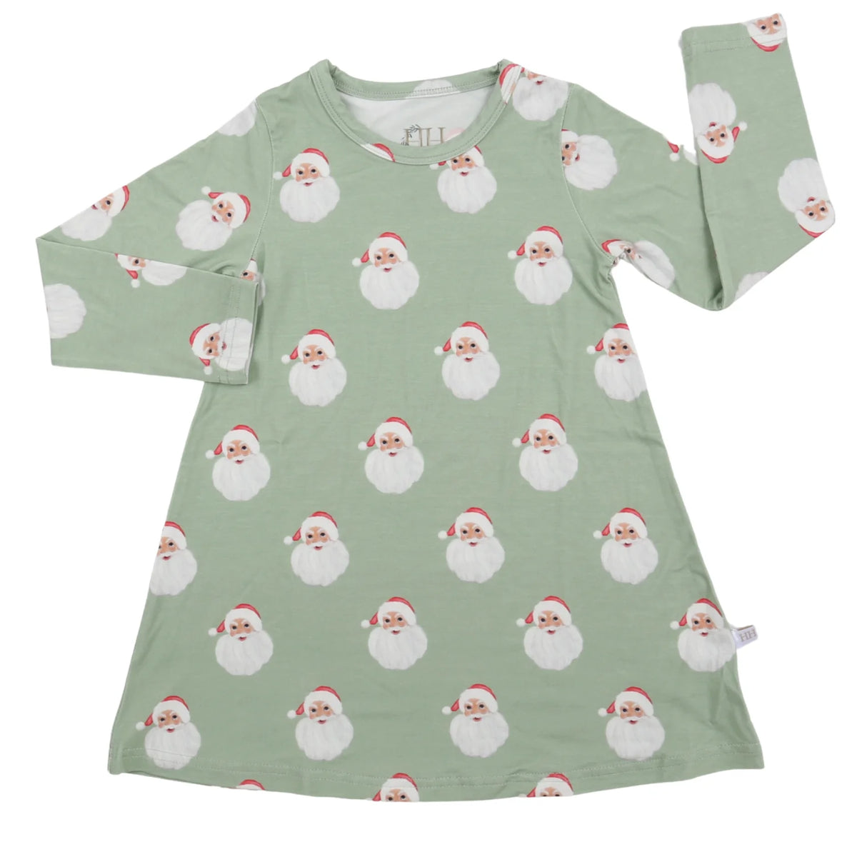 A long-sleeve baby tunic dress in sage green, featuring an all-over print of cute white Santa Claus faces with red hats, shown flat on a white background.