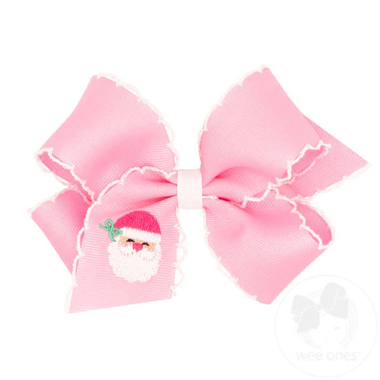 Grosgrain Hair Bow with Pink Santa Embroidery and Moonstitch Edge