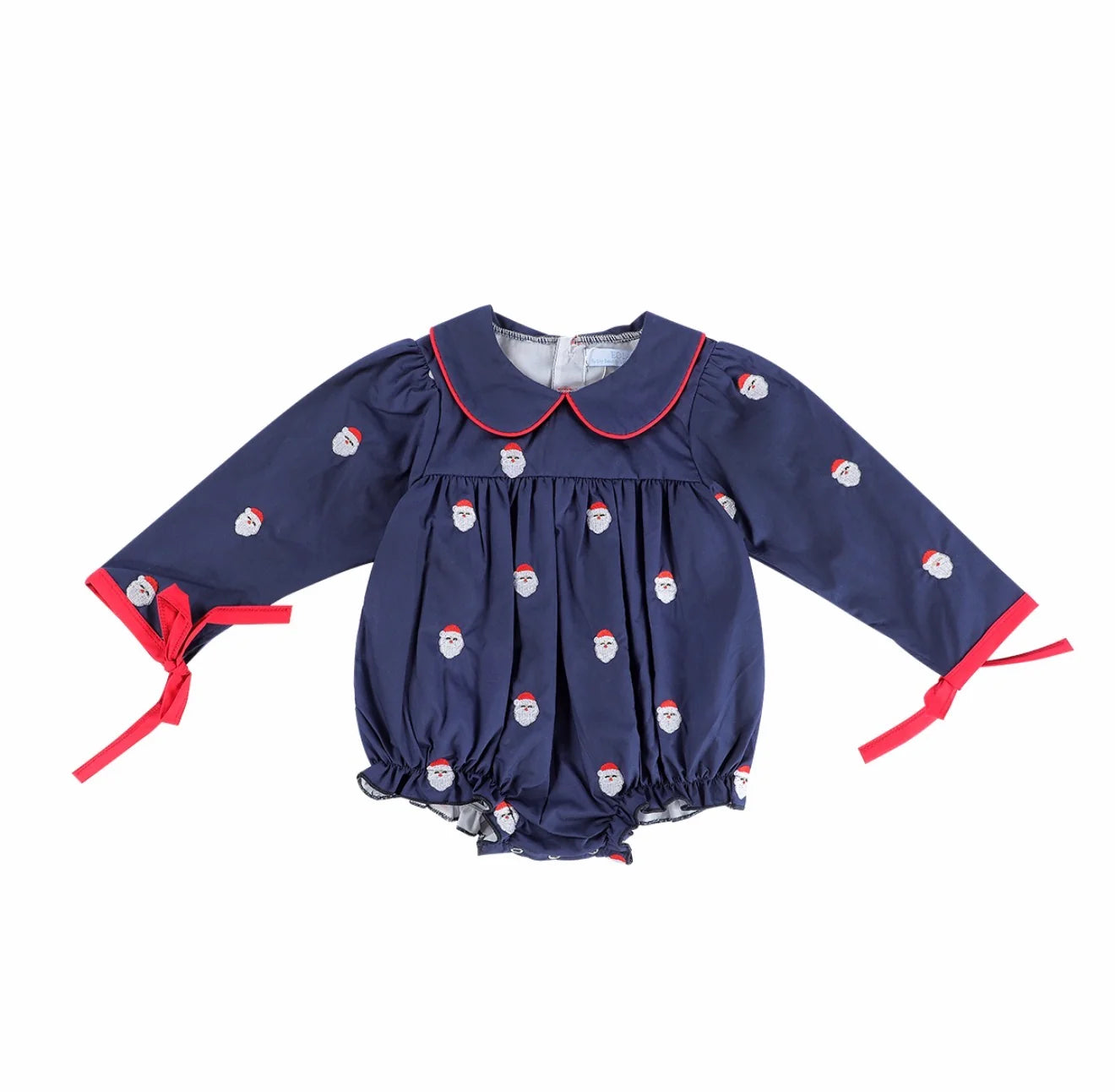 A navy blue baby romper with a Peter Pan collar, decorated with small Santa Claus face prints, red piping, and red ribbon ties on the sleeves, shown against a plain white background.
