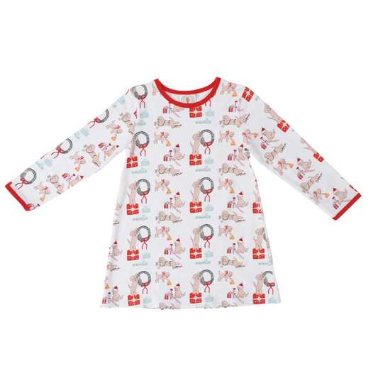 Children's dress with Christmas-themed pattern on a white background
