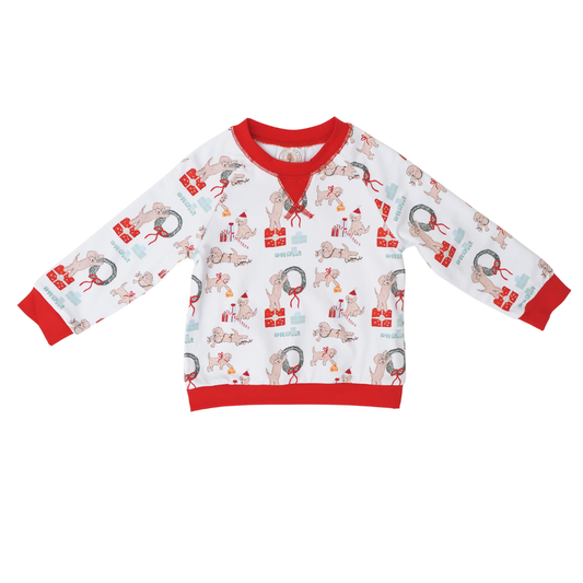 Children's long-sleeve shirt with Christmas-dog themed pattern on a white background