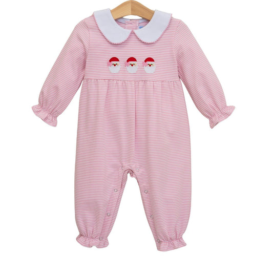 Pink baby romper with white collar and embroidered santa details on a white background