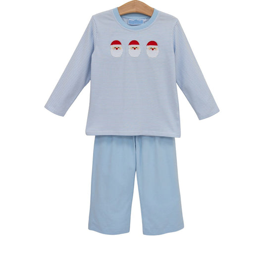Children's light blue pajama set with Santa Claus design on a white background