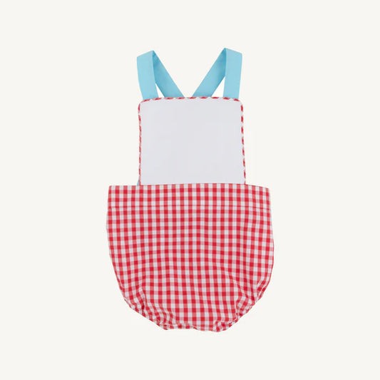 Red check bubble with white top and blue straps