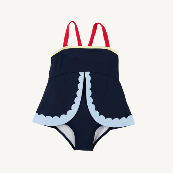 Navy bathing with scallop light blue edges and red and yellow trim