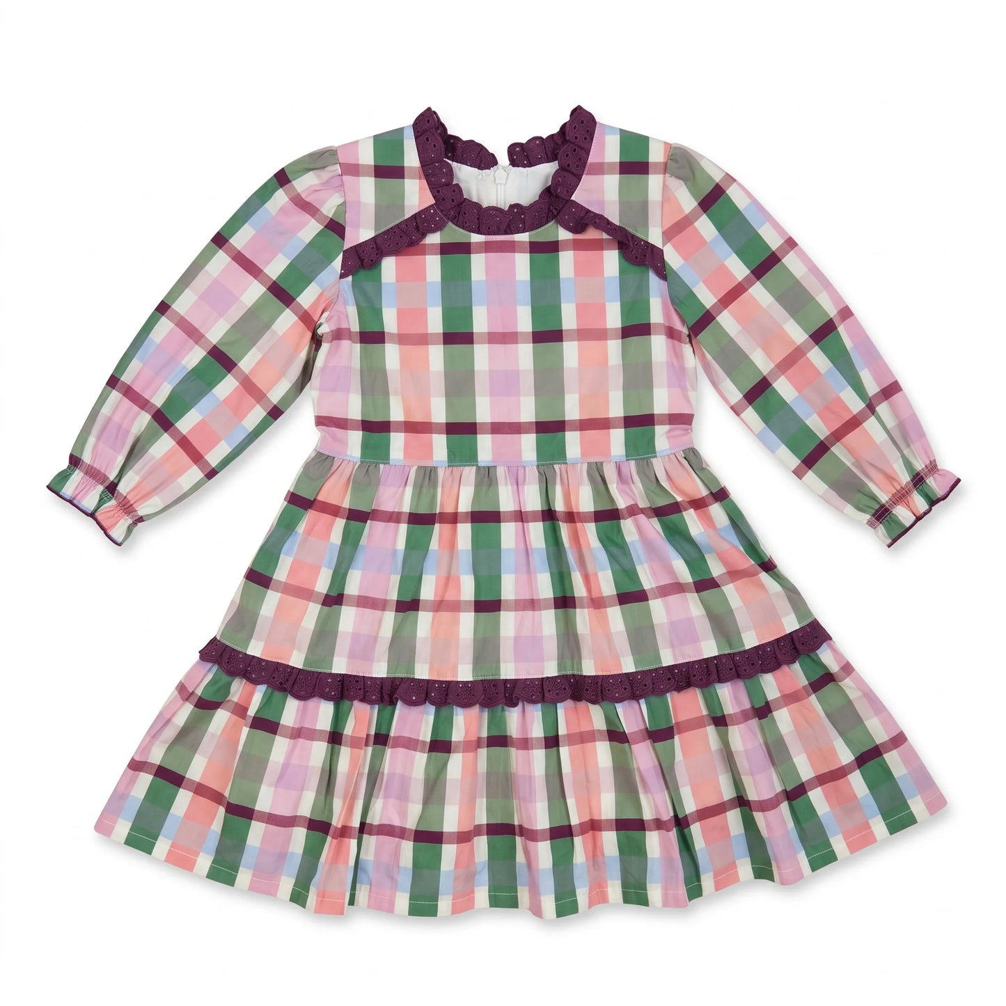 A long-sleeve plaid dress for toddlers or young girls, featuring a pink, green, and white checkered pattern with dark purple ruffle trim at the collar, neckline, and skirt tier.