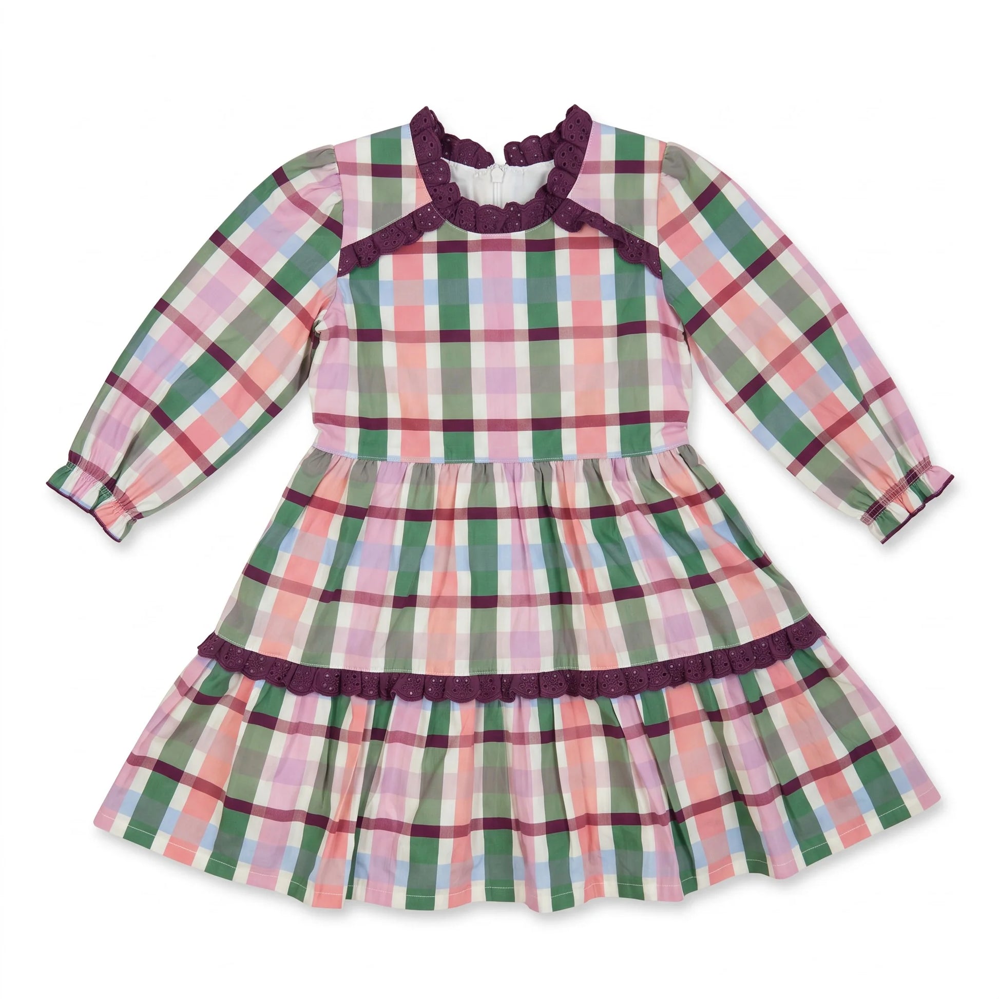 A long-sleeve plaid dress for toddlers or young girls, featuring a pink, green, and white checkered pattern with dark purple ruffle trim at the collar, neckline, and skirt tier.