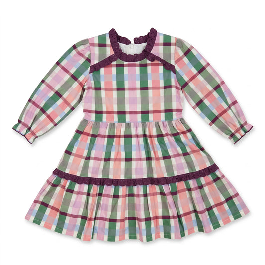 A long-sleeve plaid dress for toddlers or young girls, featuring a pink, green, and white checkered pattern with dark purple ruffle trim at the collar, neckline, and skirt tier.