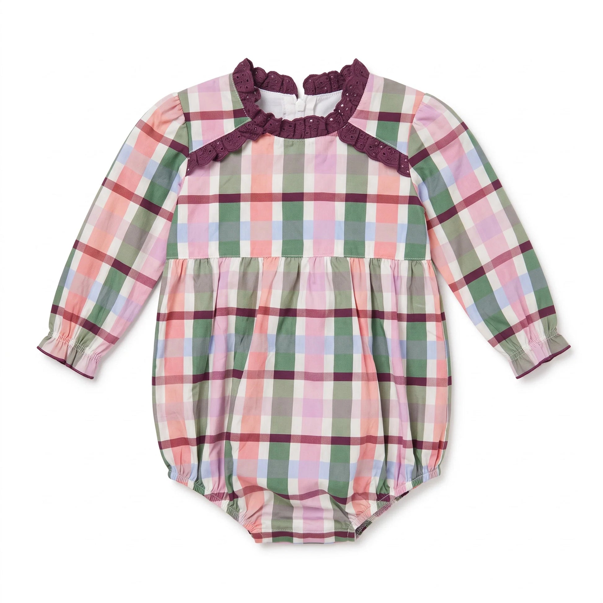 A long-sleeve baby romper with a pastel plaid pattern in pink, green, and white, featuring a dark purple ruffled collar.