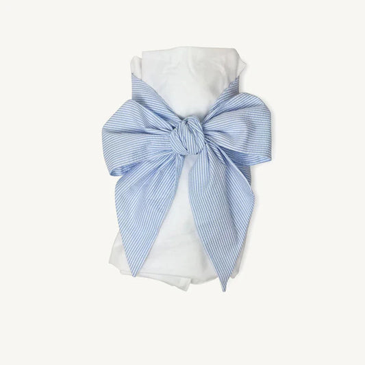 White swaddle blanket blue seersucker bow 