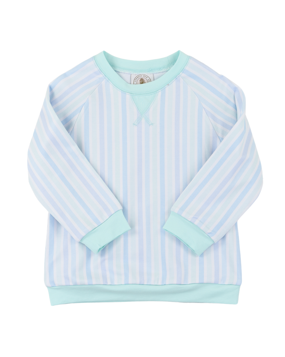 Girls sweatshirt with light blue and white stripes on a white background