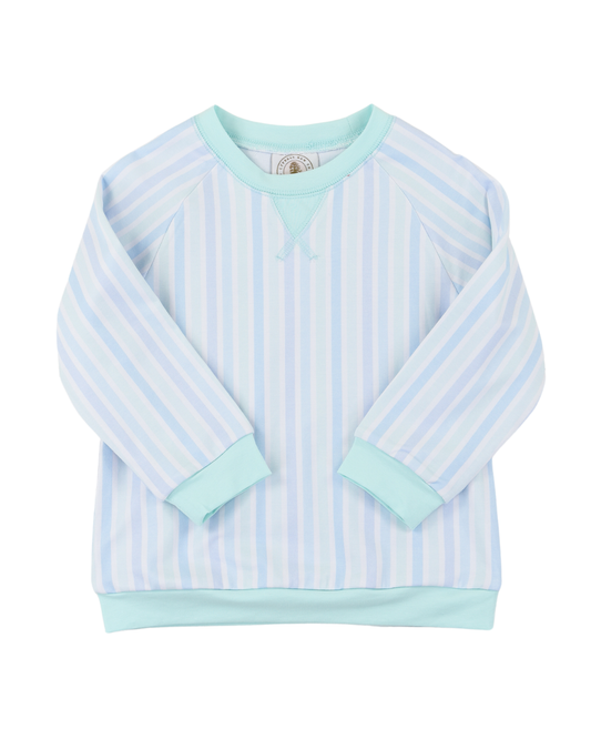 Girls sweatshirt with light blue and white stripes on a white background