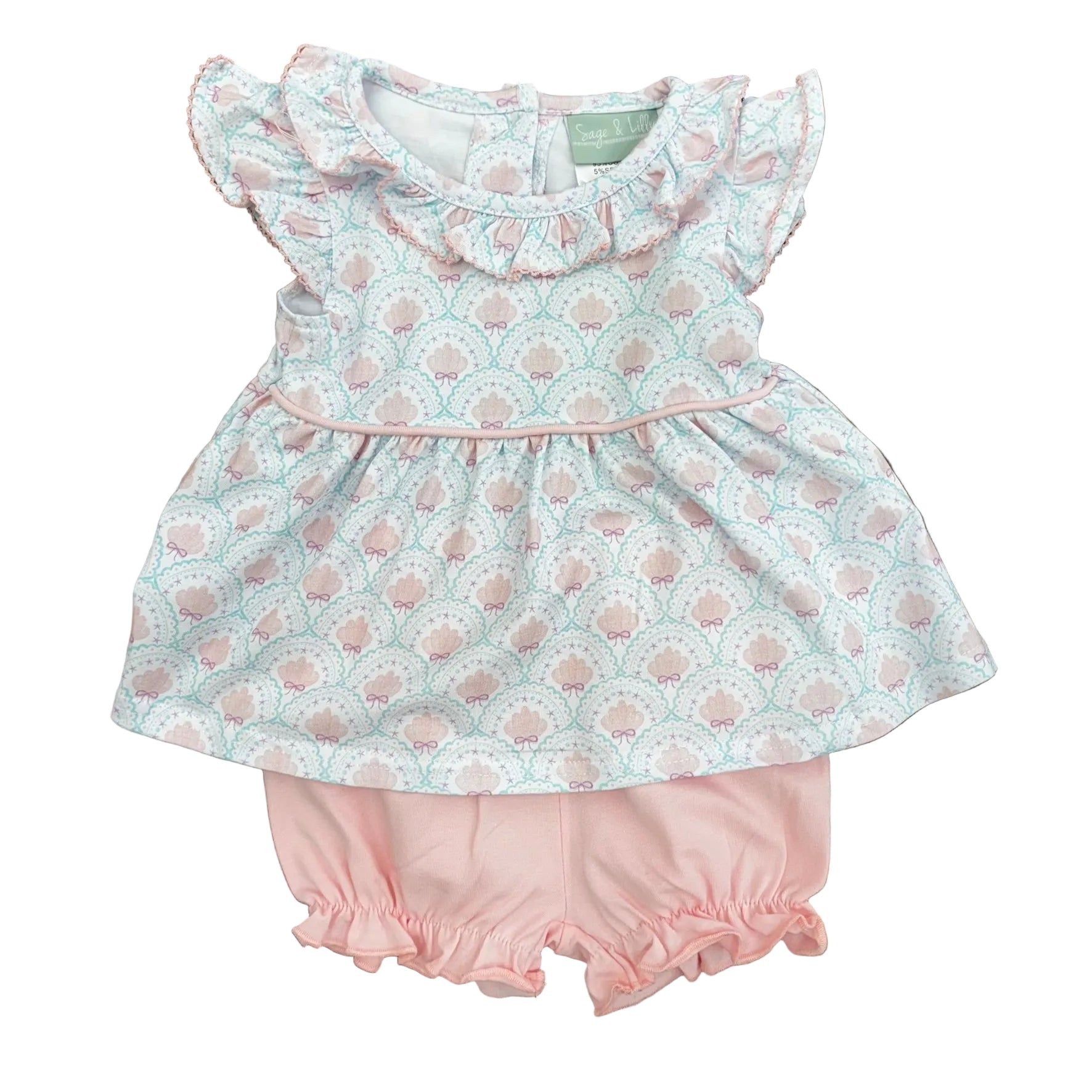 Bloomer set with pink seashells inside a blue scallop design on the ruffle trim top and solid pink bloomers. 