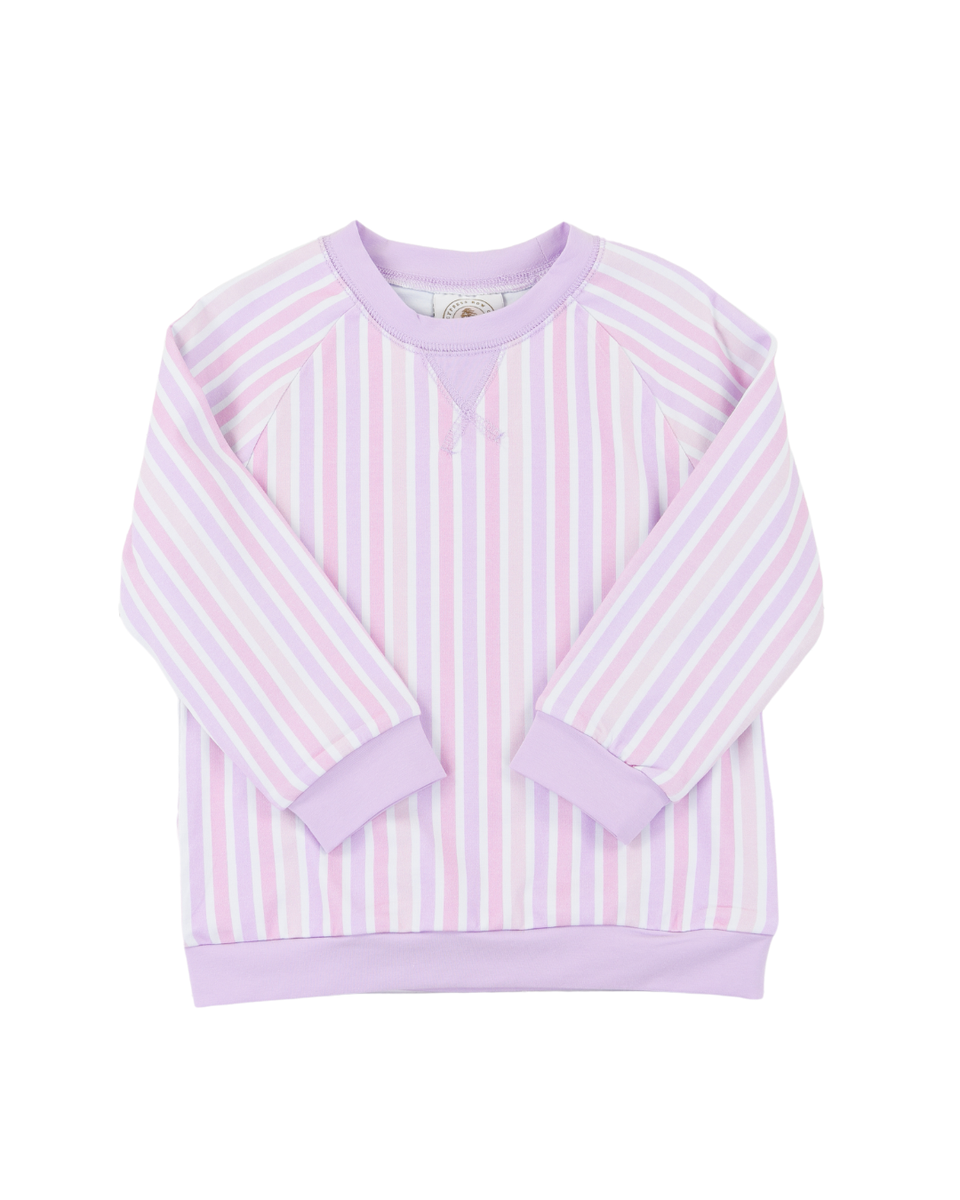 Purple, pink and white striped sweater with purple accents on collar and sleeves.