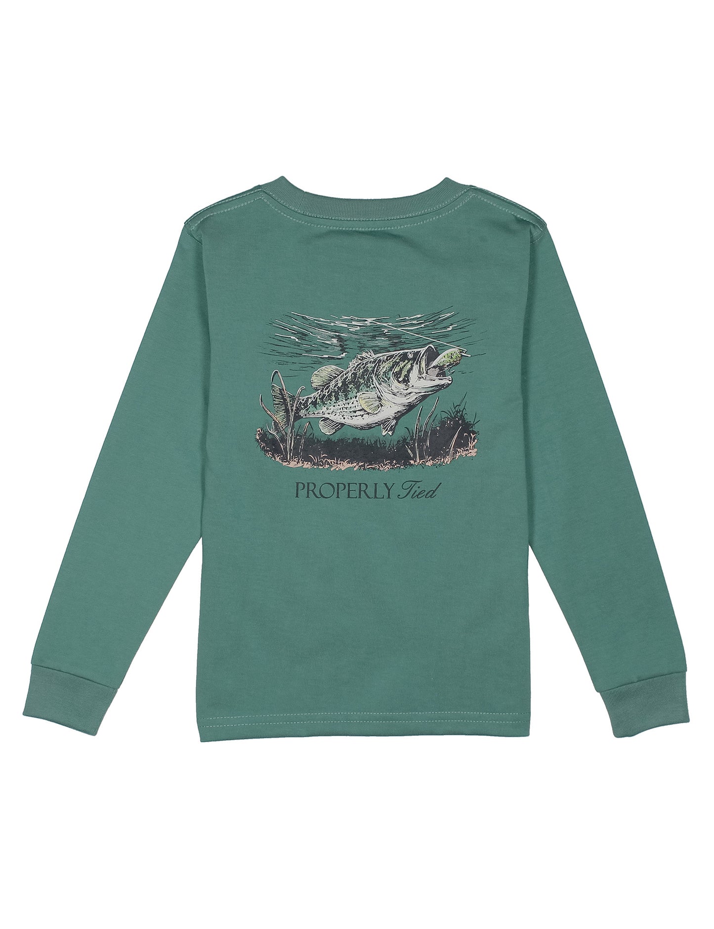 Green long-sleeve shirt with a fish graphic on the back against a white background