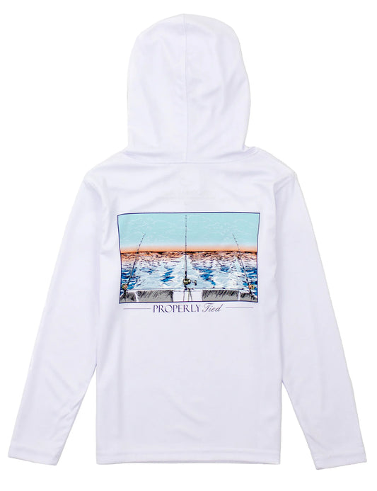 White performance hoodie with boat scene on the back.