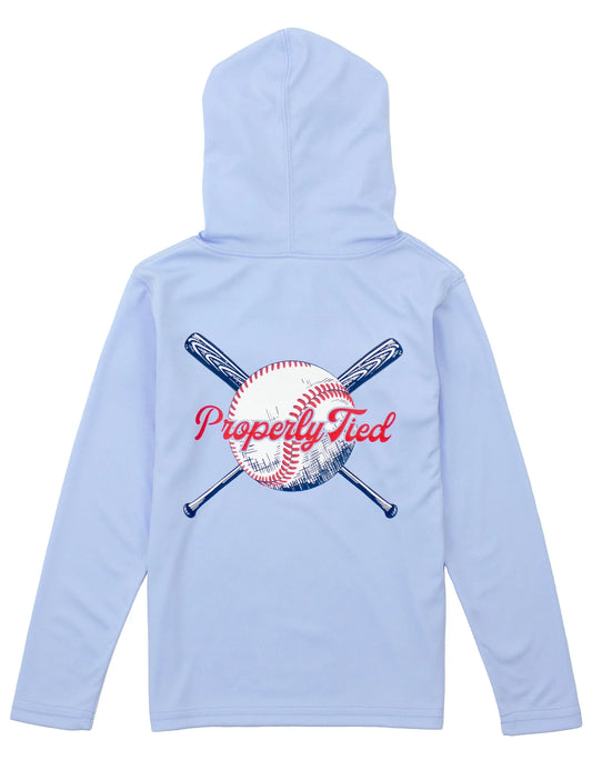 Light blue performance hoodie with baseball and bats on back.