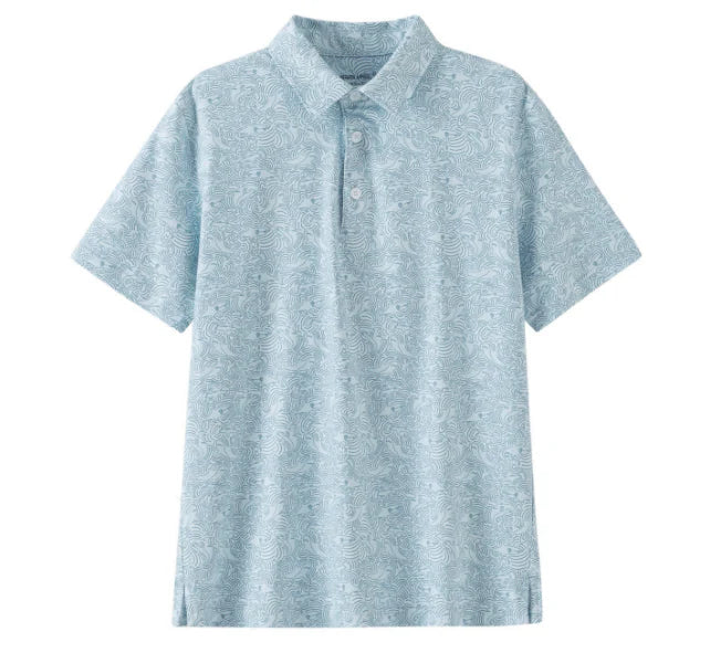 Light blue polo shirt with a shark pattern 