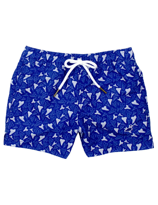 Blue swim shorts with a white shark tooth pattern.
