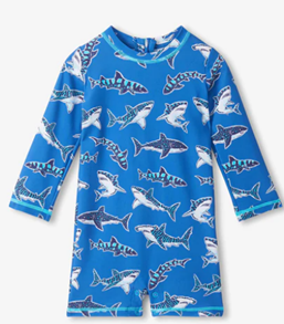 Boy's rashguard swimsuit with a shark pattern on a blue background.