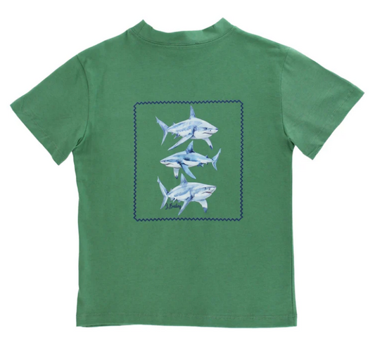 Green t-shirt with blue shark design,