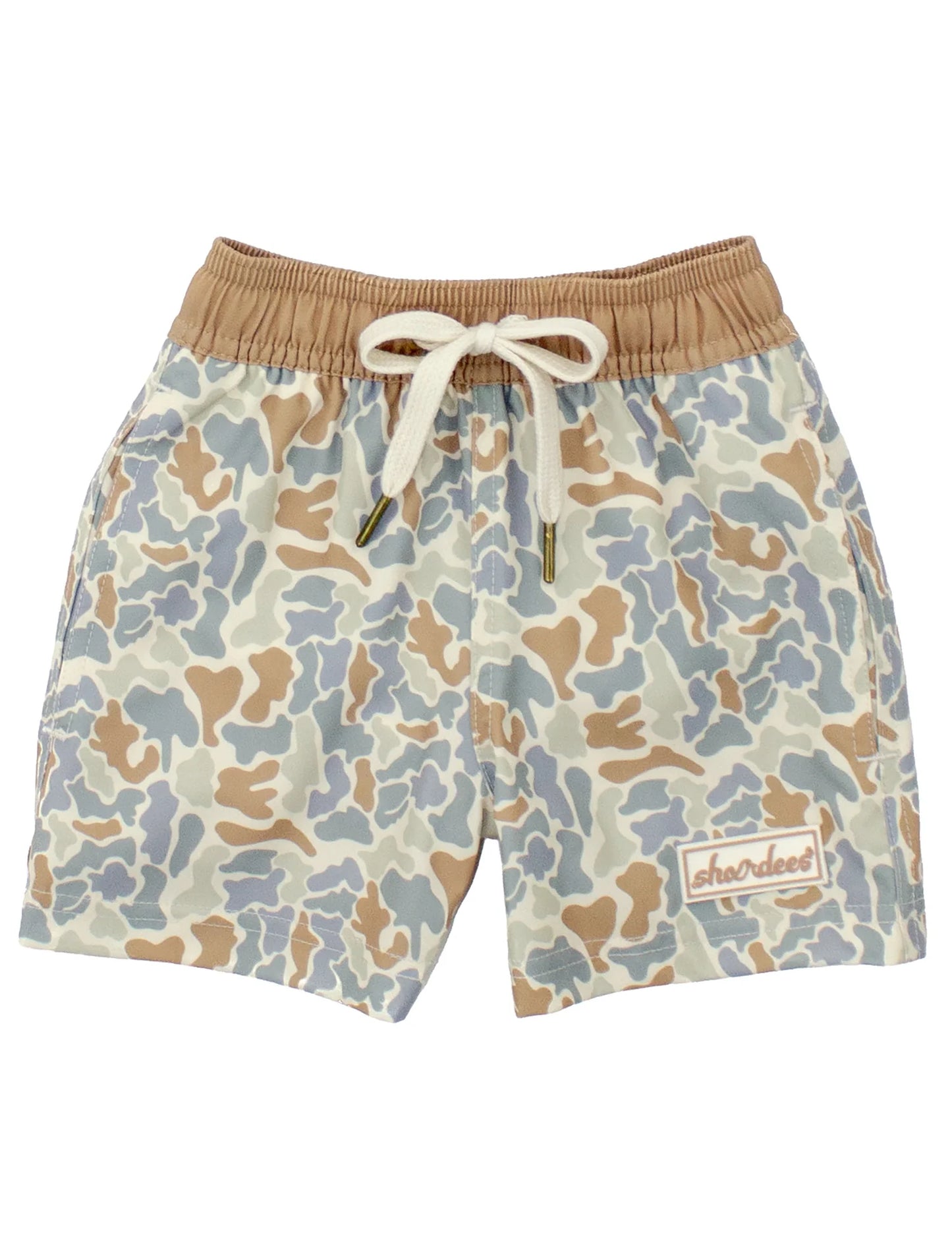 Camouflage patterned swim shorts with a tan elastic band.