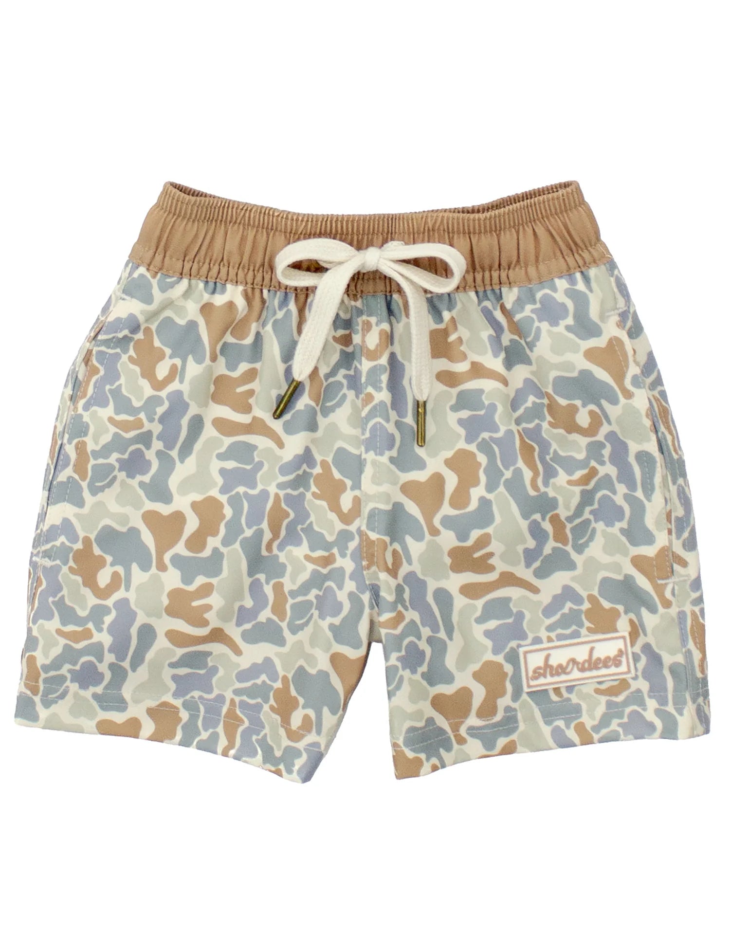 Camouflage patterned swim shorts with a tan elastic band.
