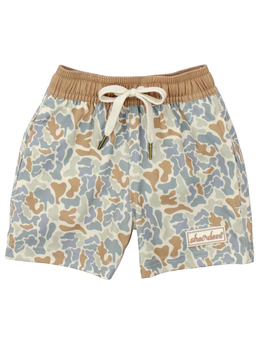 Camouflage patterned swim shorts with a tan elastic band.