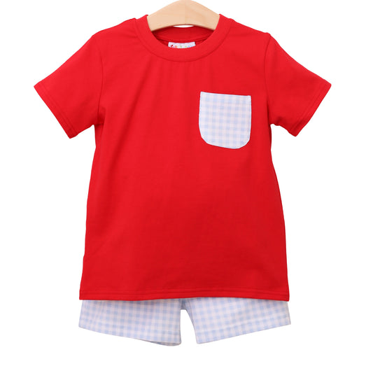 Blue Gingham/Red Short Set