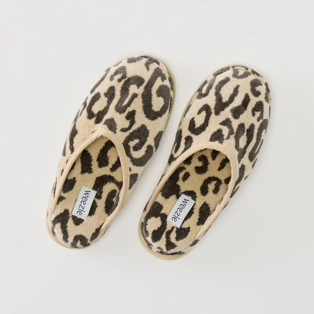 Pair of leopard print slippers on a light gray background