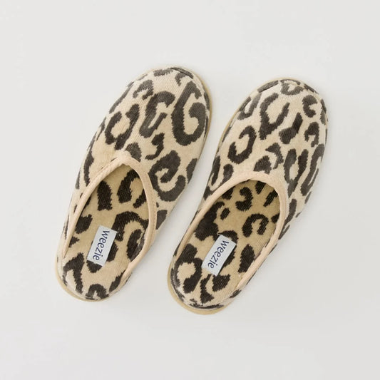 Pair of leopard print slippers on a light gray background