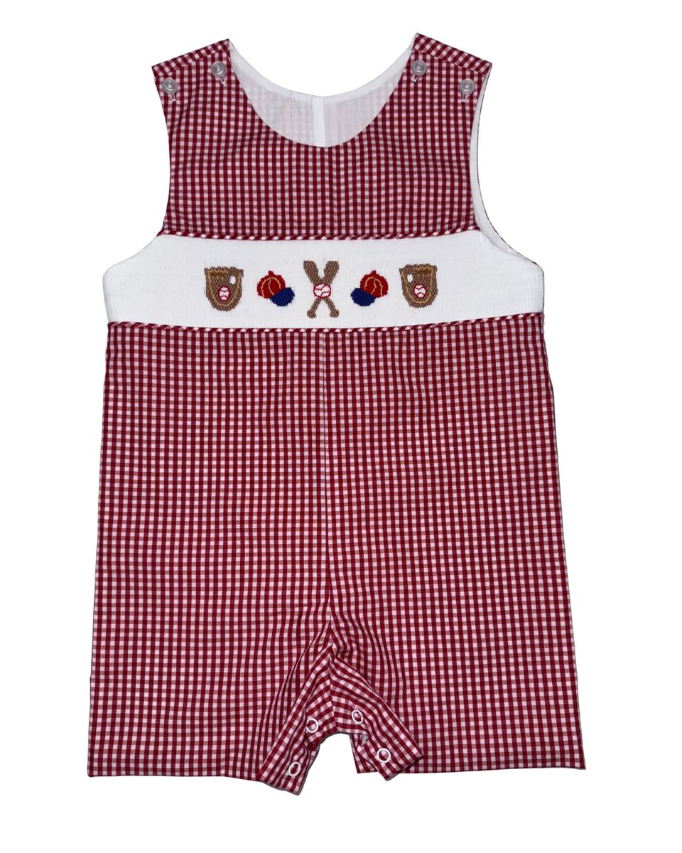 Red and white checkered romper with smocked baseball designs on a white background