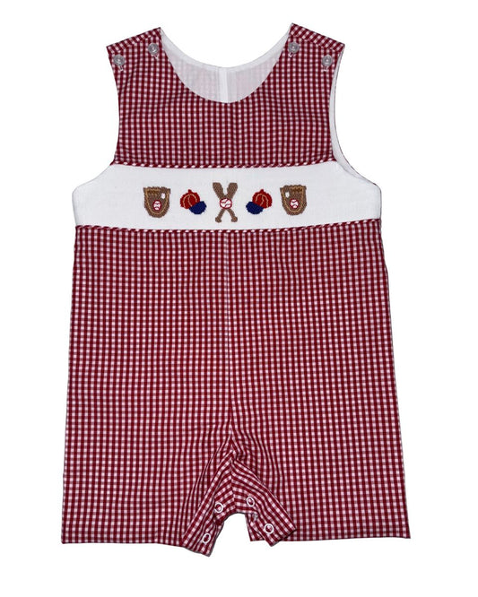 Red and white checkered romper with smocked baseball designs on a white background