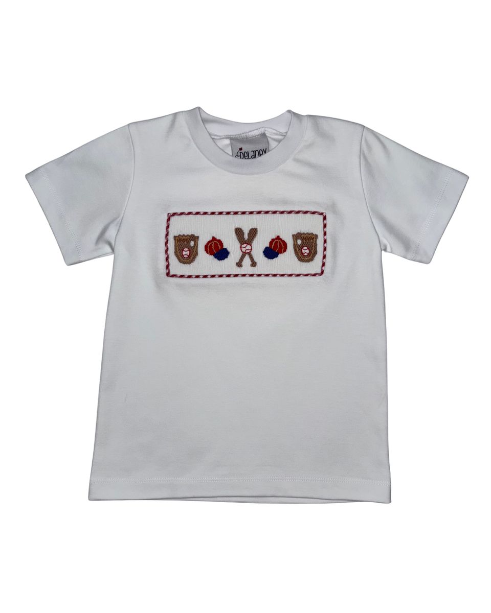 White t-shirt with smocked baseball design on a white background
